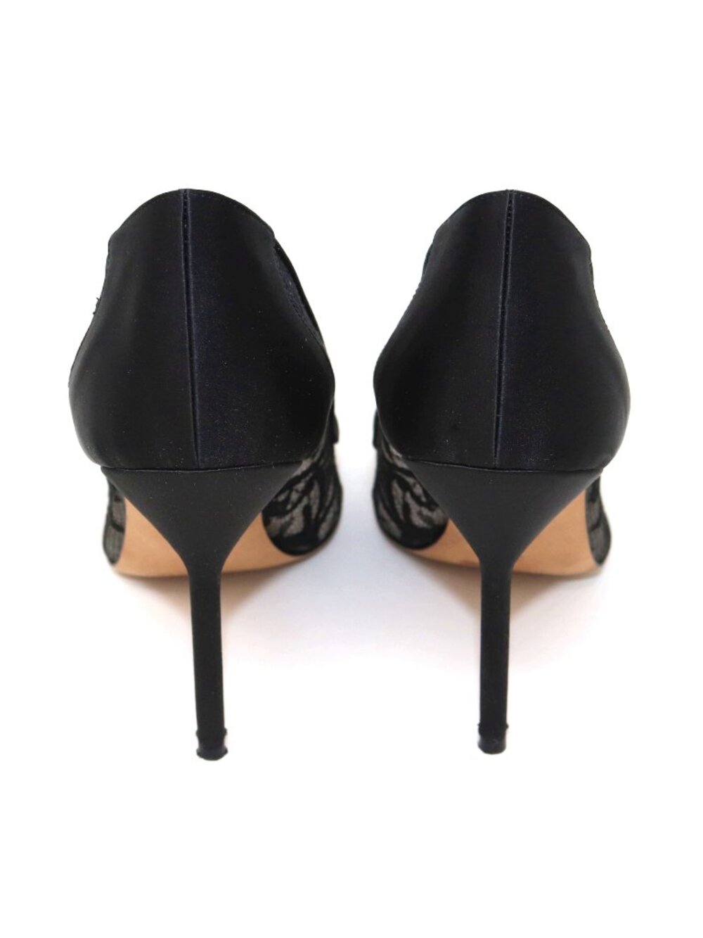 SOLD——- Manolo Blahnik 38 BB 105 Black Floral Lace Satin Stiletto Point Toe Pump - Picture 5 of 15